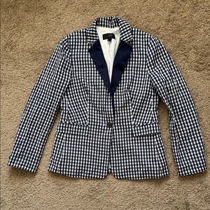 J. Crew Puckered Blue White Gingham One Button Collared Blazer with Pockets